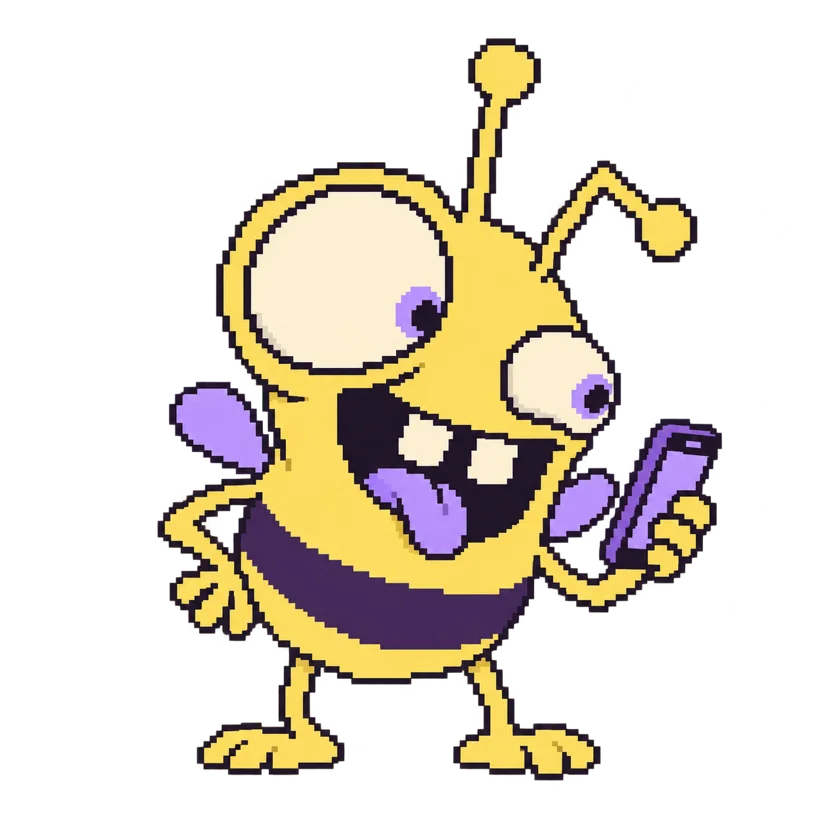 Buzzr’s mischievous bee checking the group chat on its phone